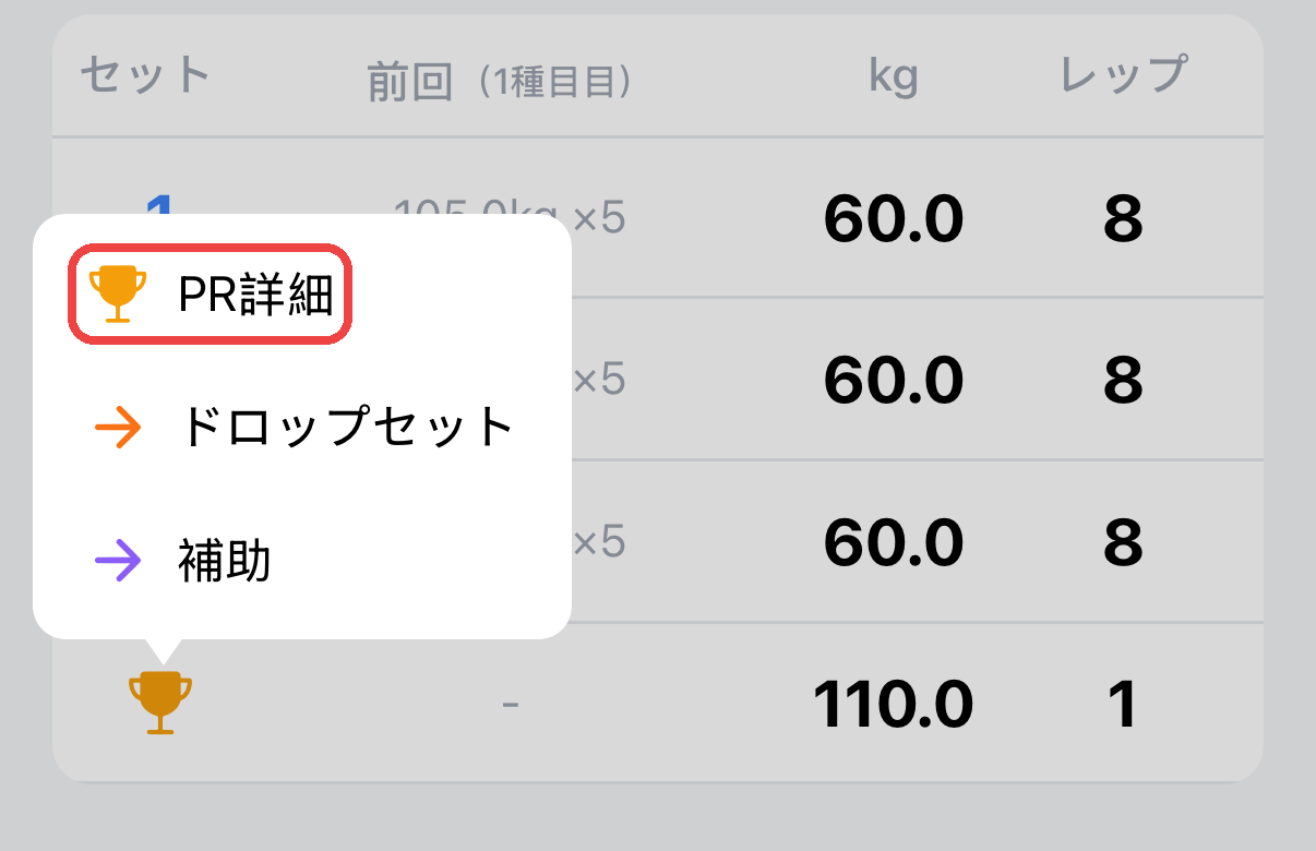 PRを達成したセットのメニュー。「PR詳細」から更新内容の詳細を確認できる